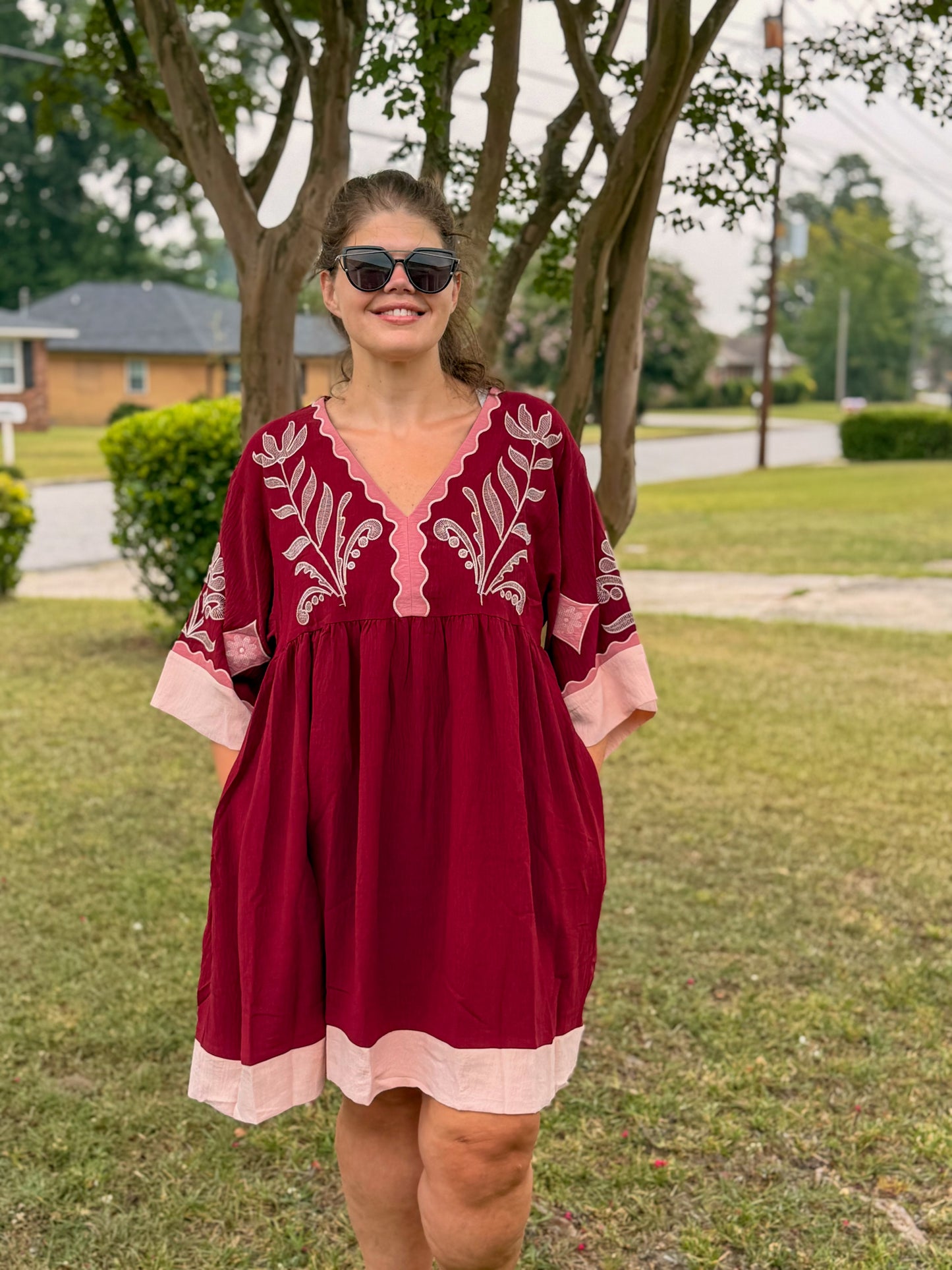 Embroidered Plunge V Neck Mini Dress