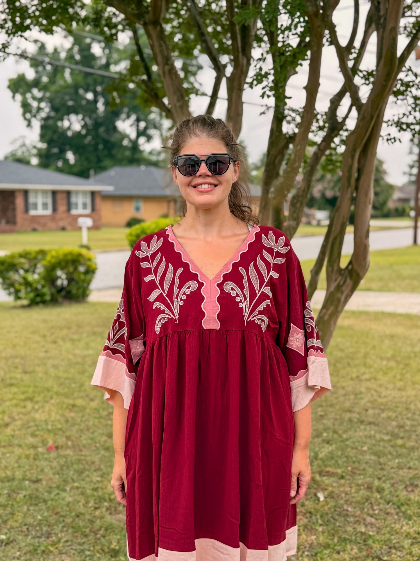 Embroidered Plunge V Neck Mini Dress