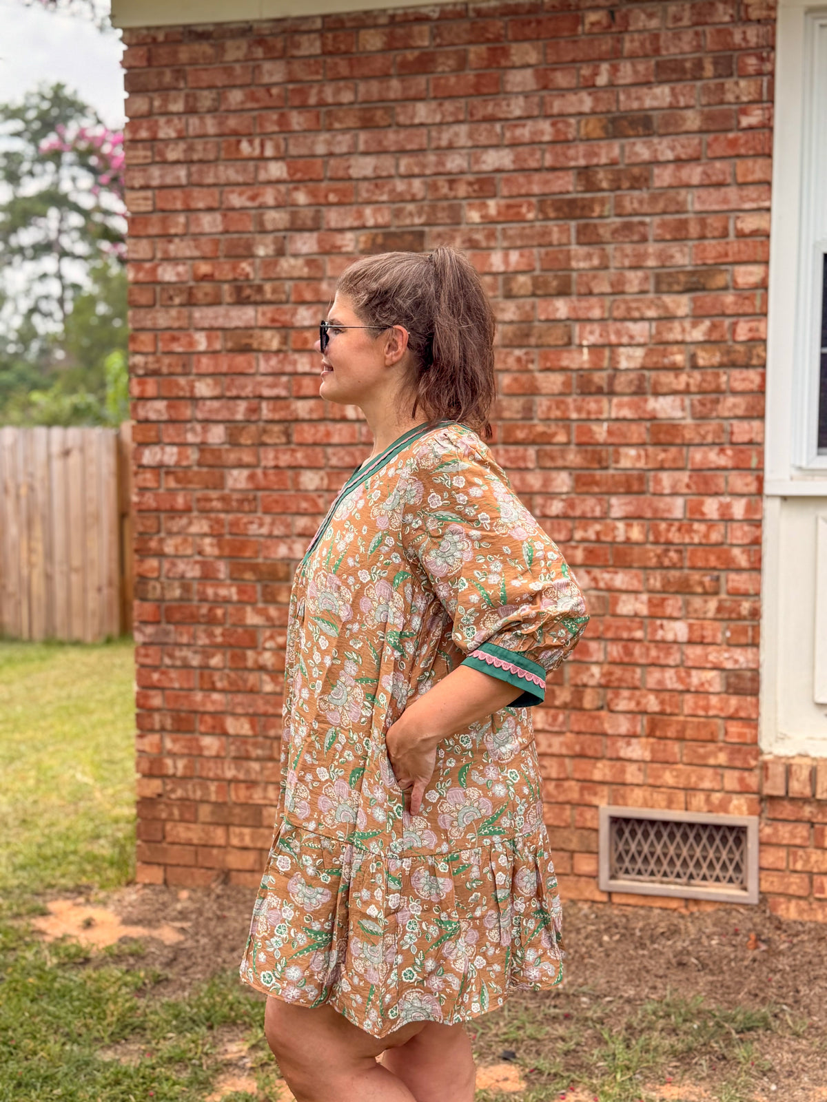 Floral Print Contrast Trim Tiered Boho Dress