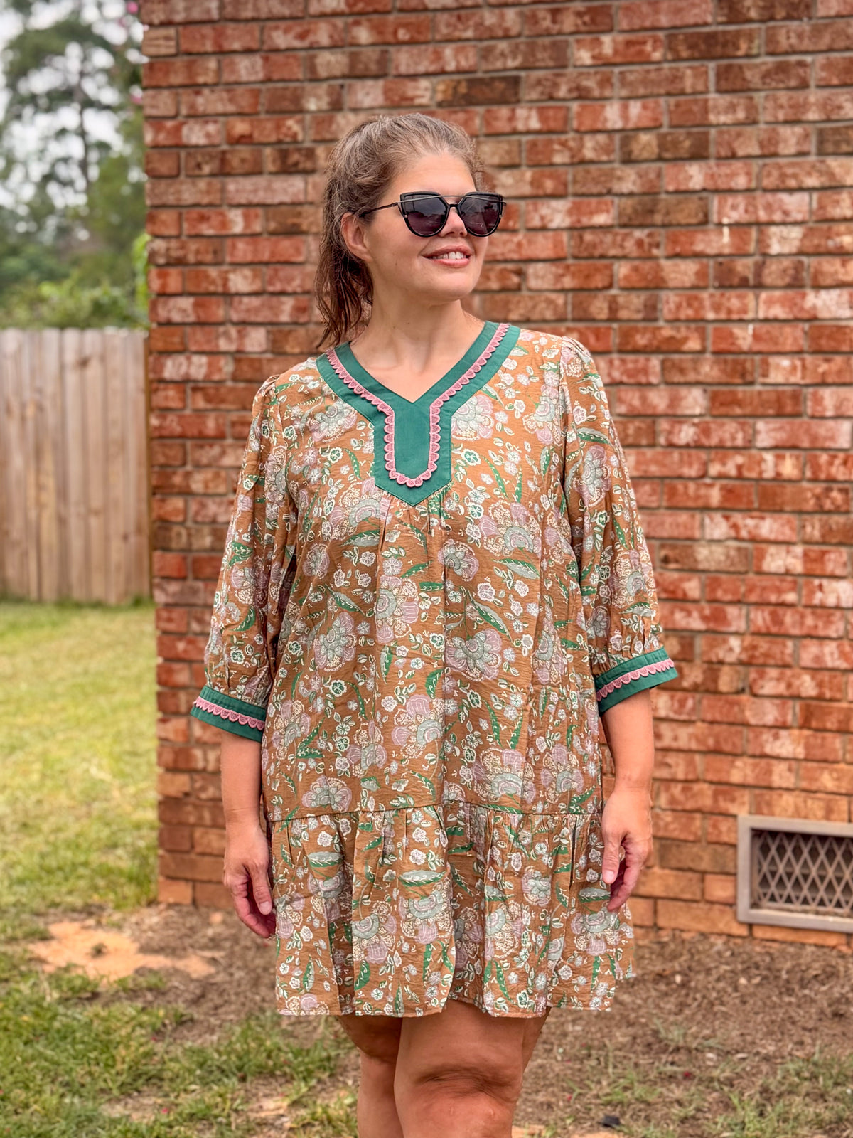 Floral Print Contrast Trim Tiered Boho Dress