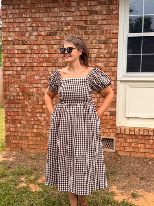 Gingham Lace Trim Midi Dress