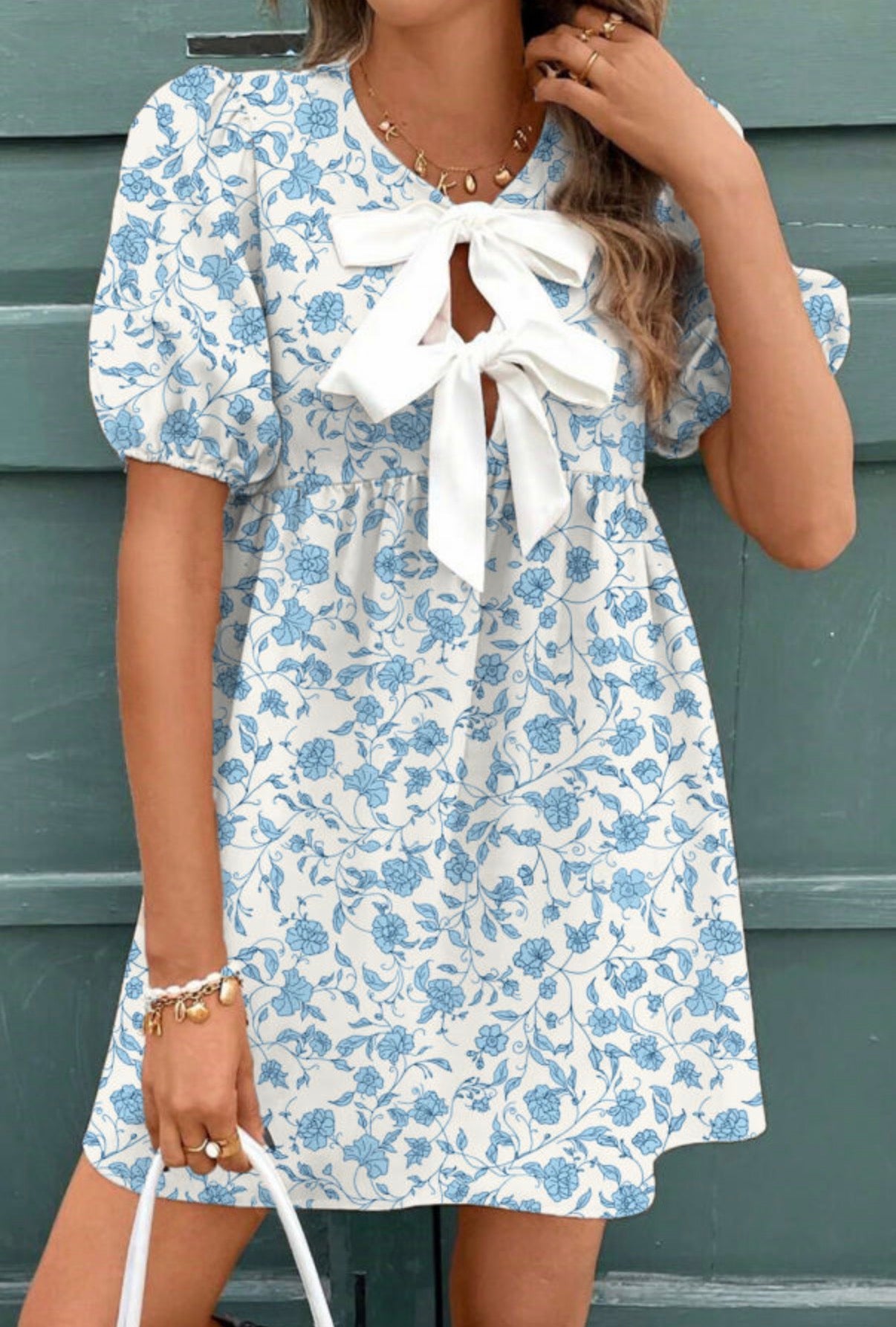 Floral Contrast Bow Mini Dress