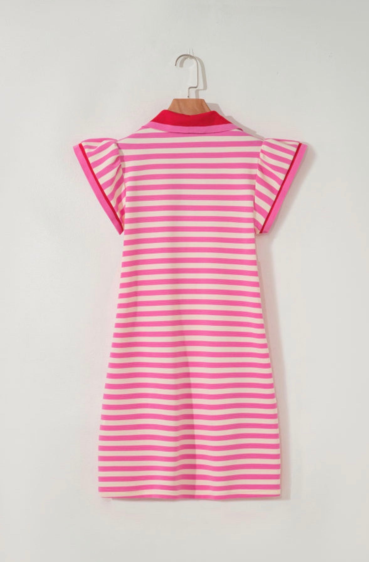 Stripe Contrast Collar Split Neck Flutter Sleeve Dress