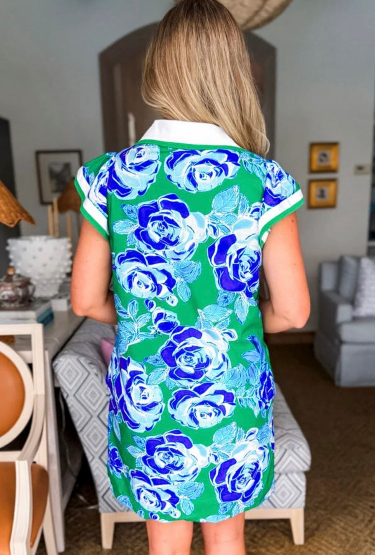 Contrast Floral Print Collared Sleeve Dress