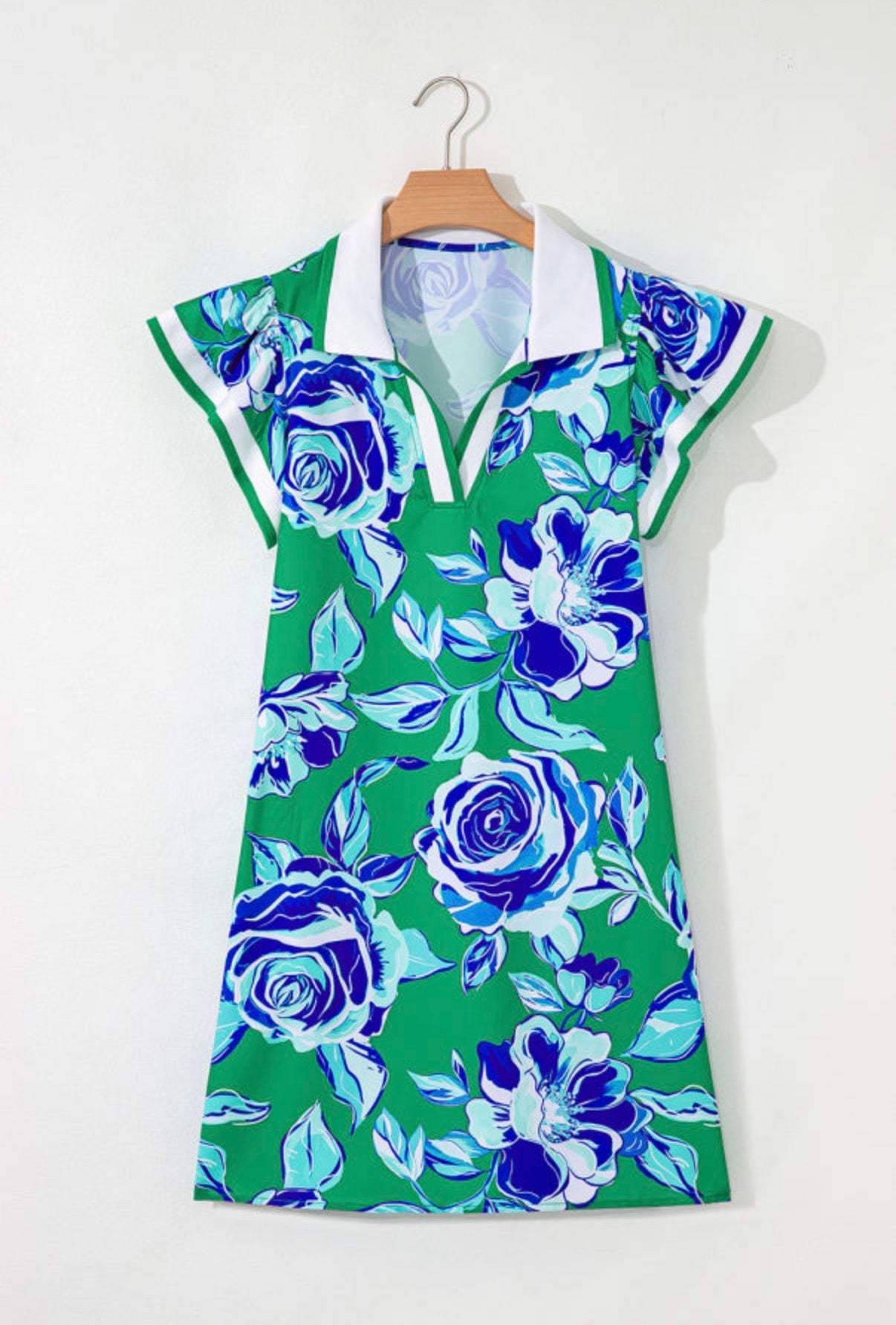 Contrast Floral Print Collared Sleeve Dress