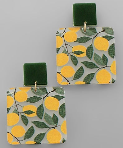 Printed Lemon & Leaves Earrings