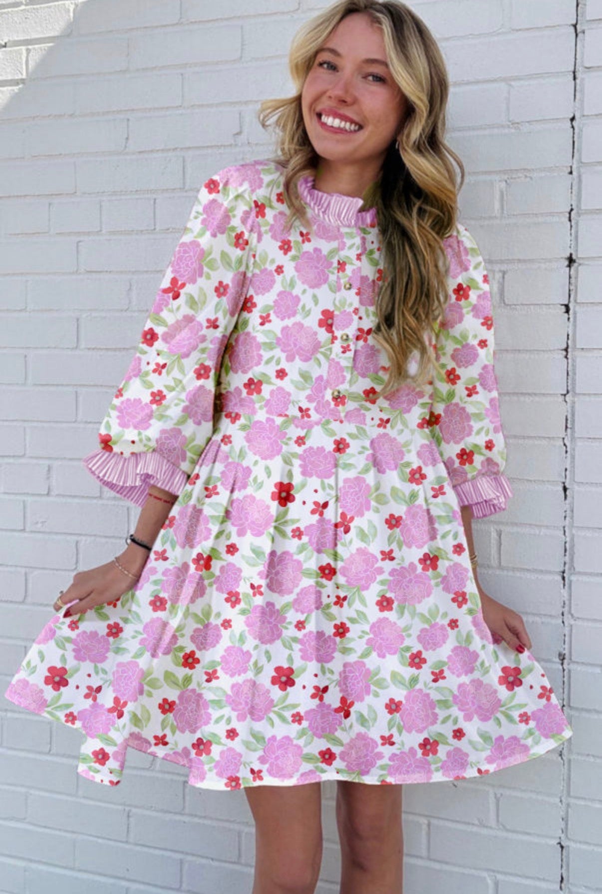 Floral Print Striped Trim Mini Dress