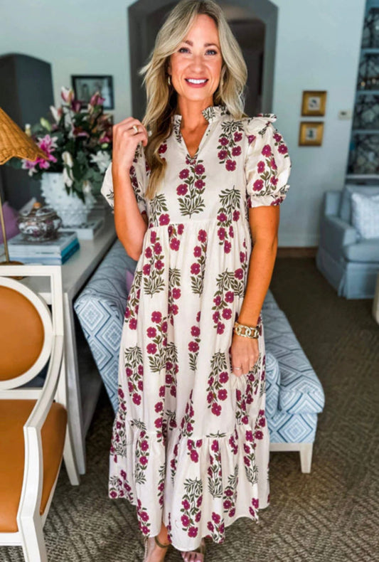 Floral Short Bubble Sleeve Tiered Maxi Dress