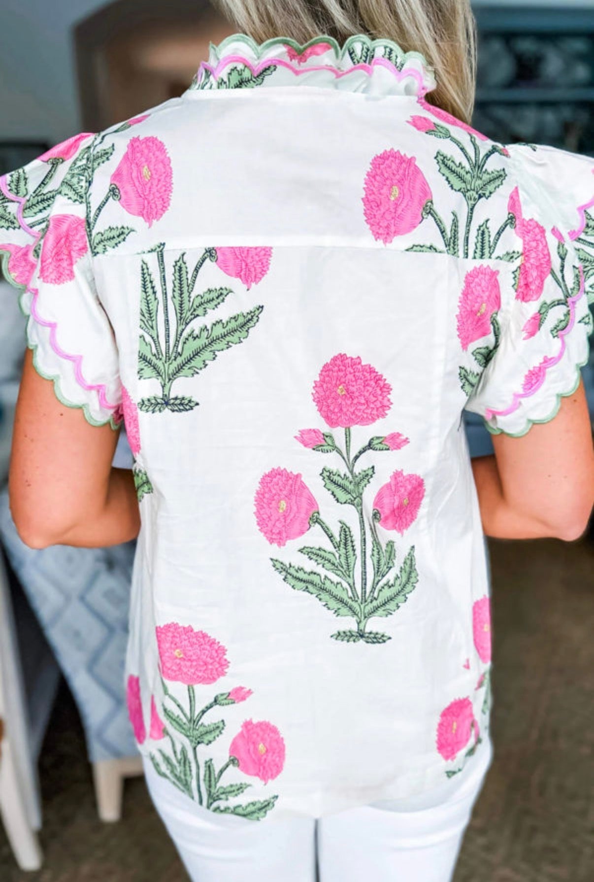 Wild Flower Print Contrast Scallop Trim Blouse