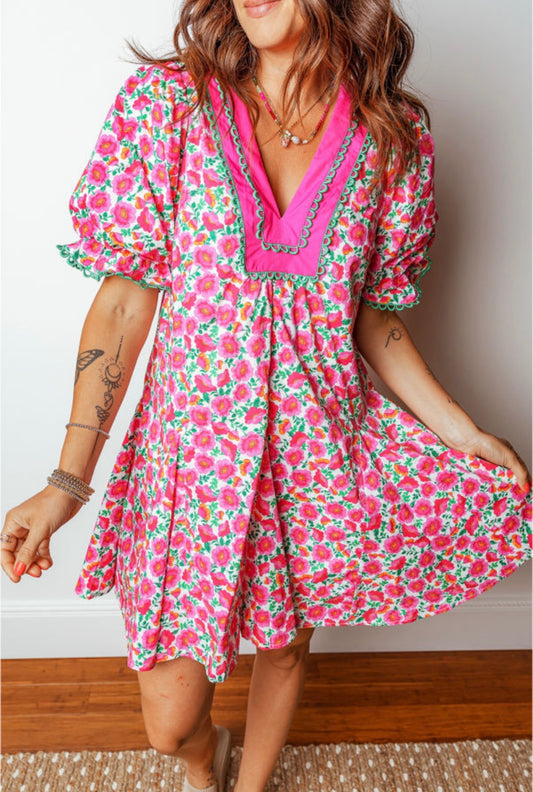 Floral Print Bubble Sleeve Mini Dress