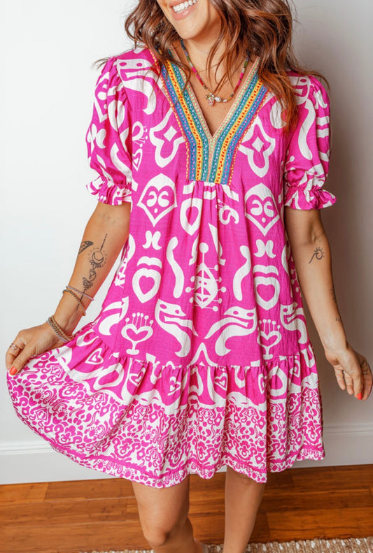 Boho Mixed Print Contrast Trim Dress