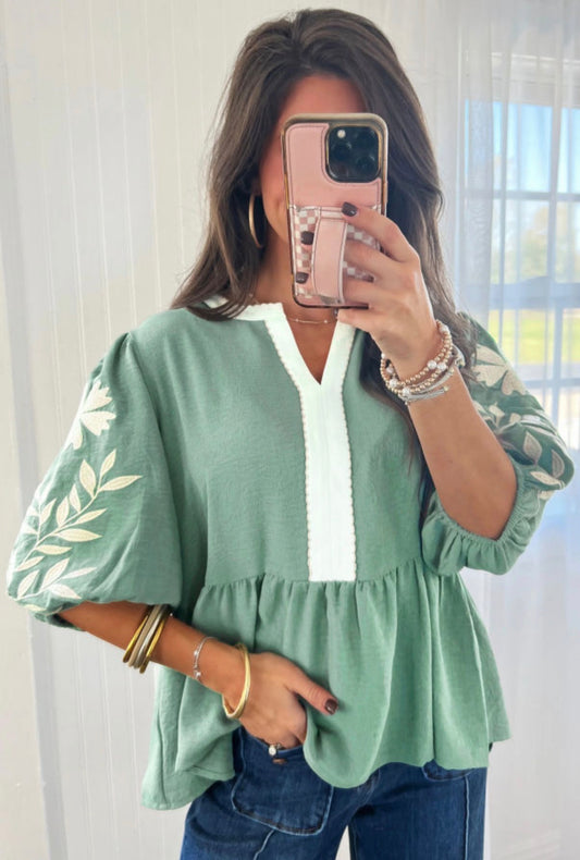 Embroidered Puff Sleeve Babydoll Blouse