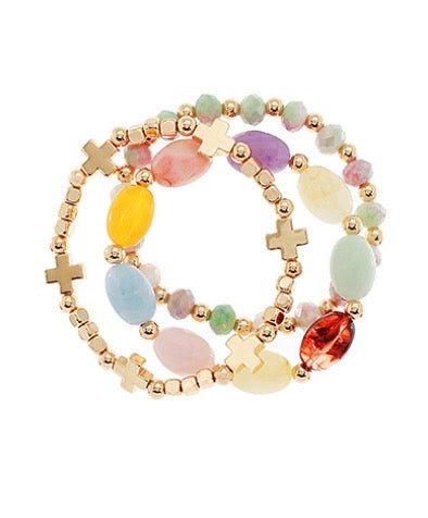 3 Row Cross & Marble Oval Stone Bracelet