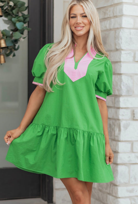 Color Block Split Neck Puff Sleeve Mini Dress