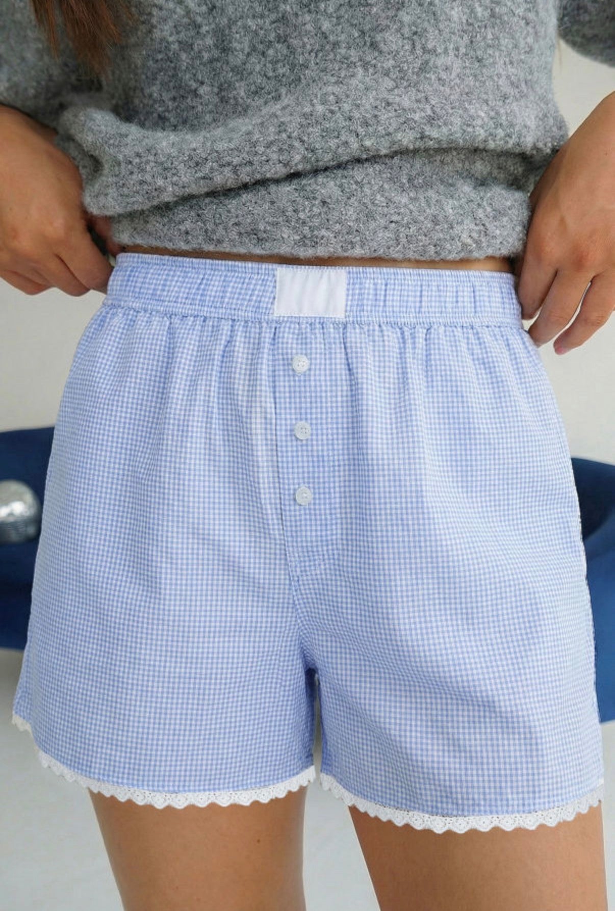 Gingham Plaid Button Detail Lace Trim Boxer Shorts