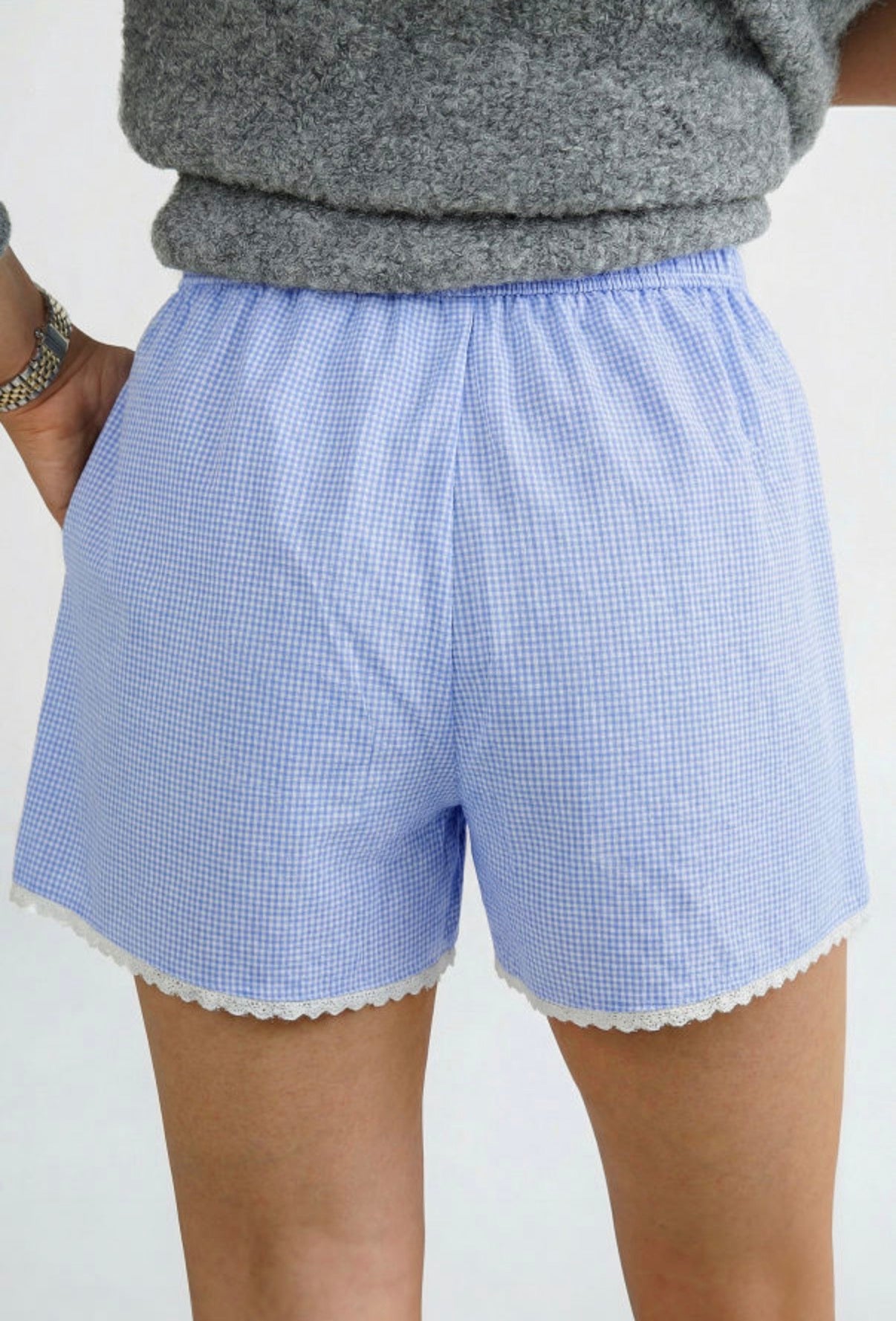 Gingham Plaid Button Detail Lace Trim Boxer Shorts