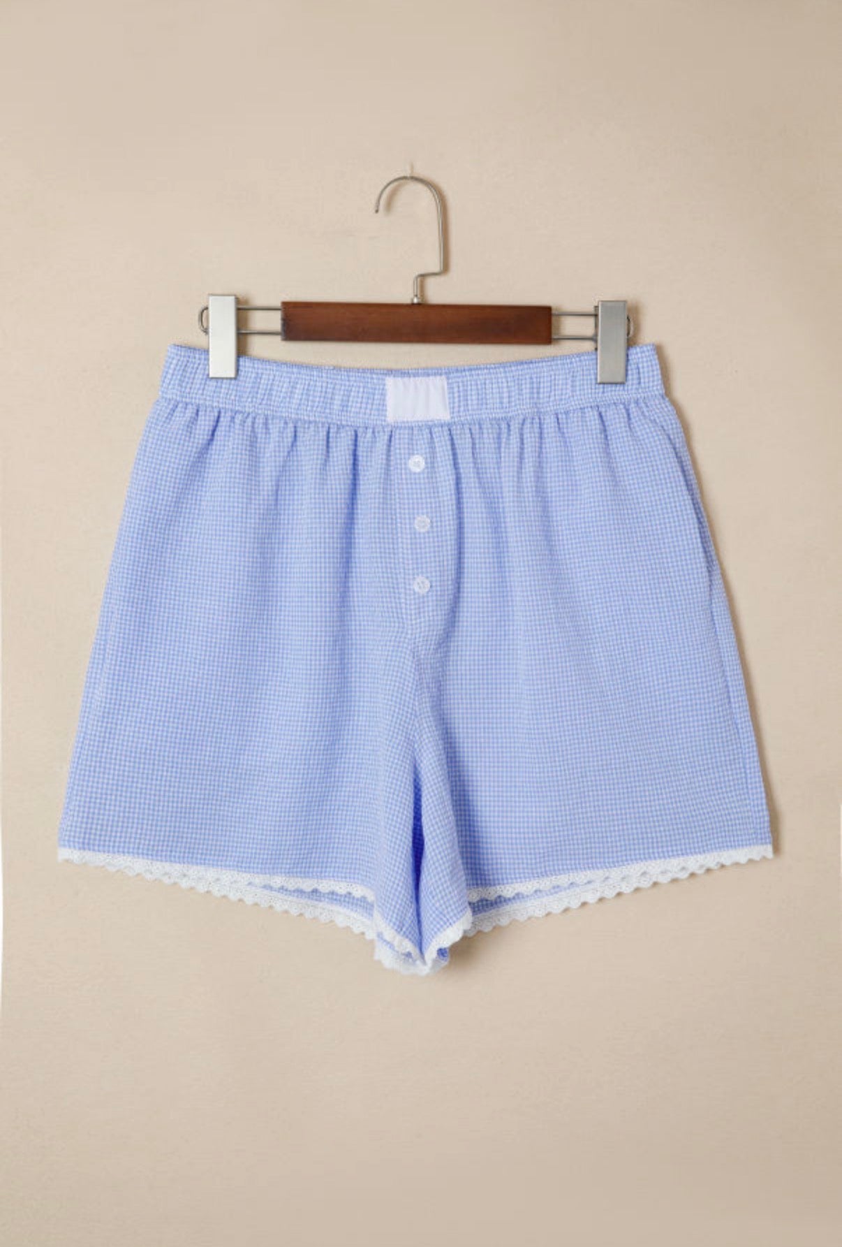 Gingham Plaid Button Detail Lace Trim Boxer Shorts