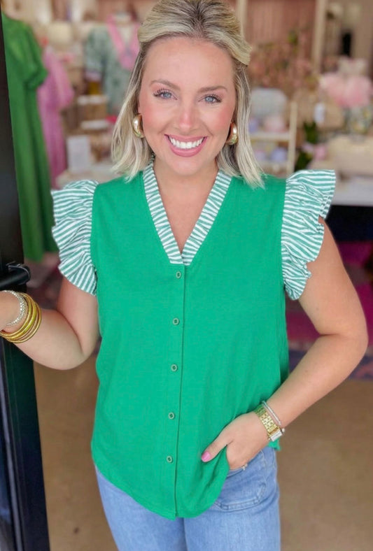 Button Front Ruffled Stripe Trim V-Neck Blouse