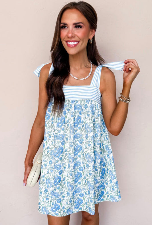 Floral Print Striped Patchwork Bow Knot Straps Mini Dress