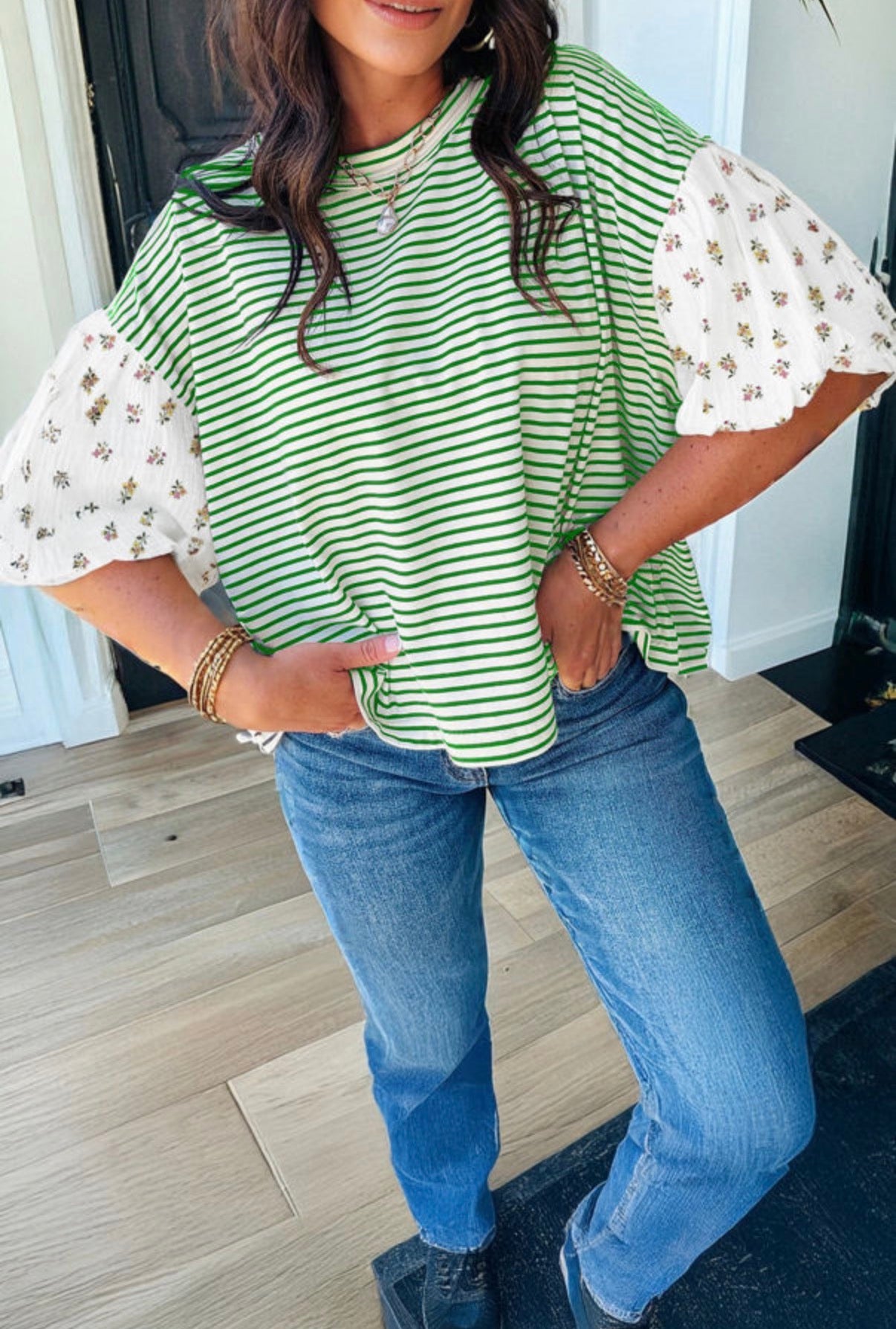 Stripe Floral Print Puff Sleeve Patchwork Loose Top