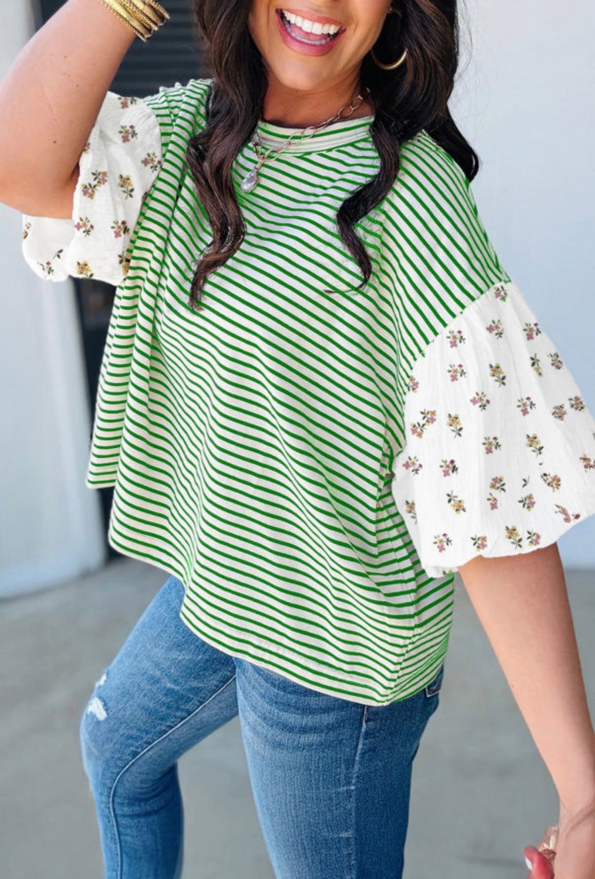 Stripe Floral Print Puff Sleeve Patchwork Loose Top