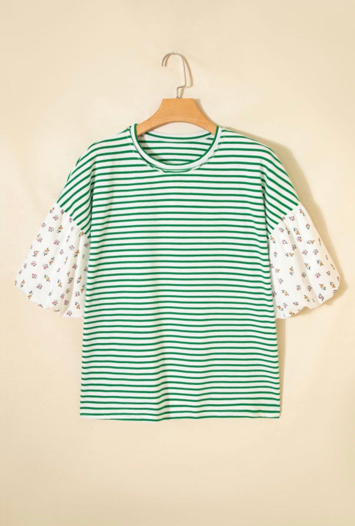Stripe Floral Print Puff Sleeve Patchwork Loose Top