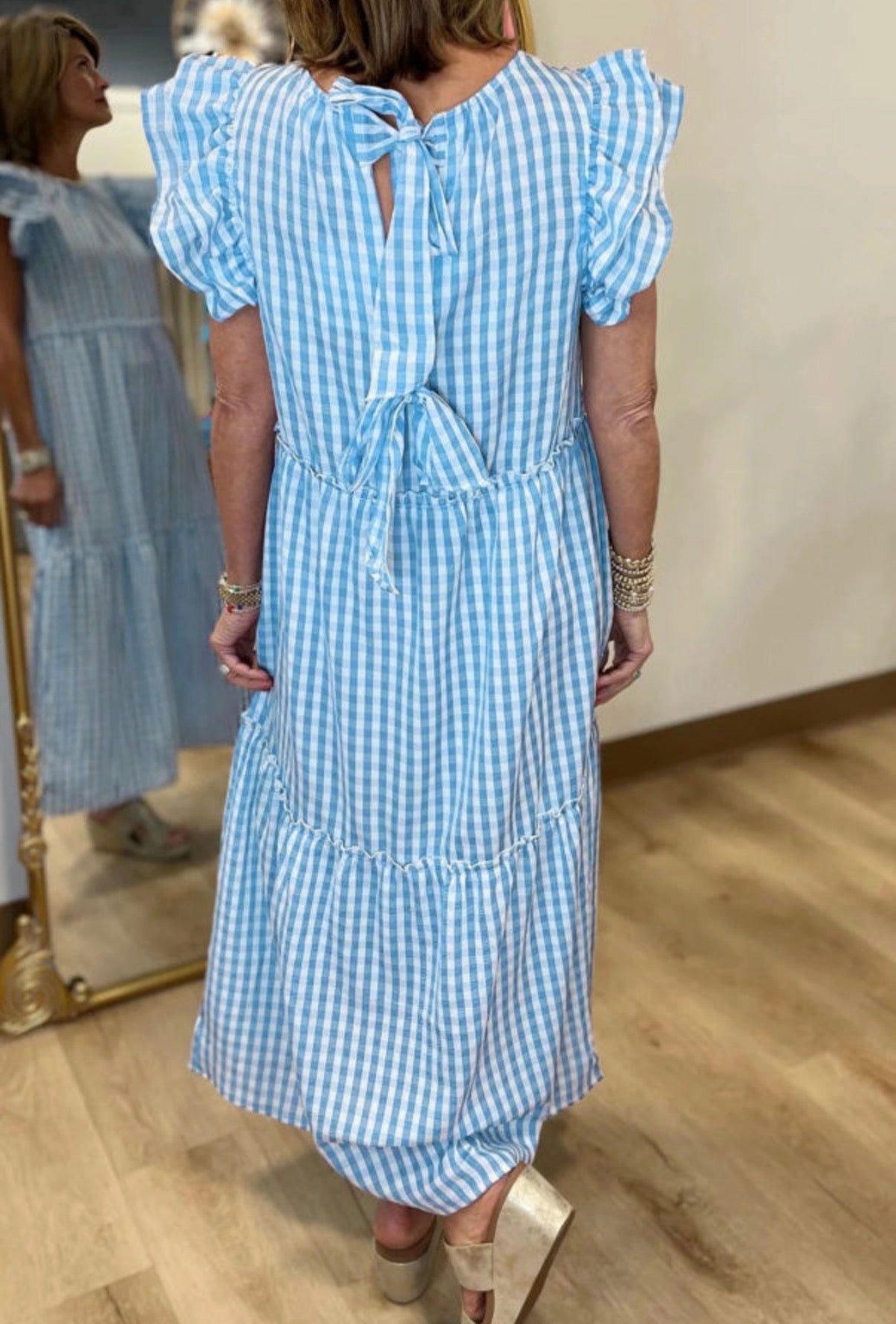 Knot Back Ruffle Short Sleeve Gingham Maxi Dress