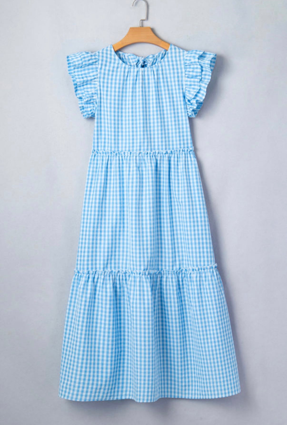 Knot Back Ruffle Short Sleeve Gingham Maxi Dress
