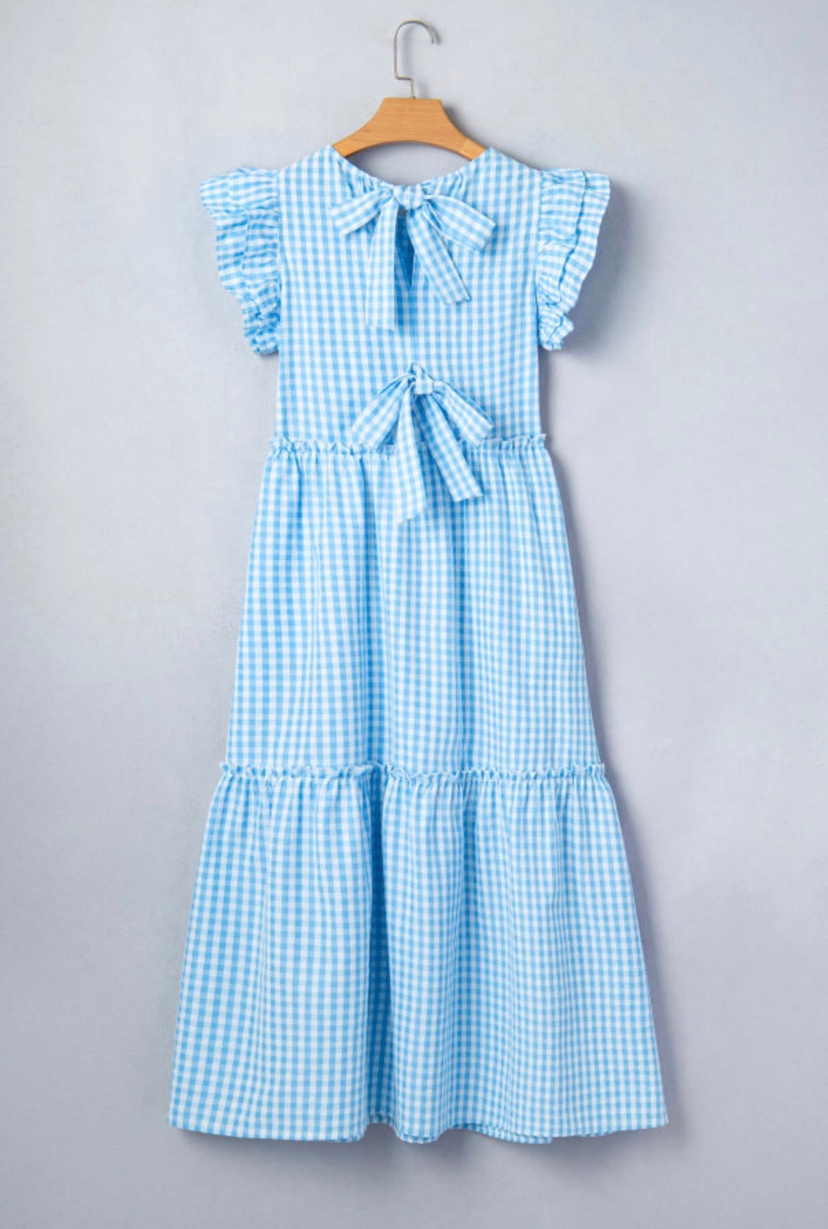 Knot Back Ruffle Short Sleeve Gingham Maxi Dress