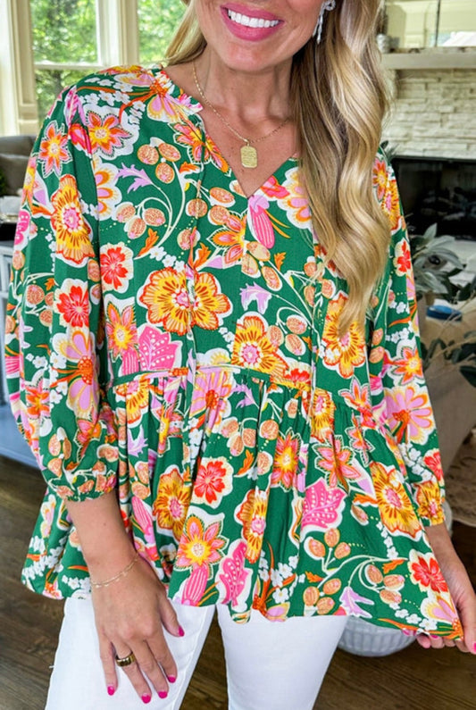Floral V Neck Peplum w/ Puff Sleeve