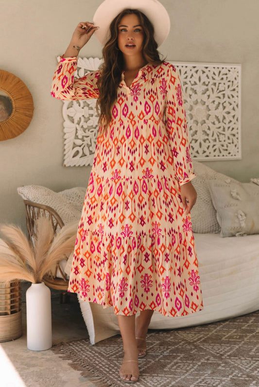 Western Abstract Geometric Printed Midi Dress