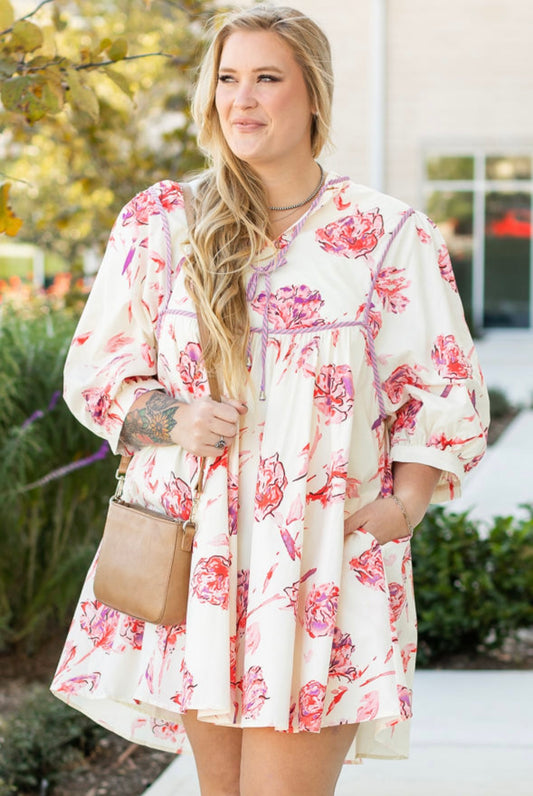 Floral V Neck Shift Mini Dress