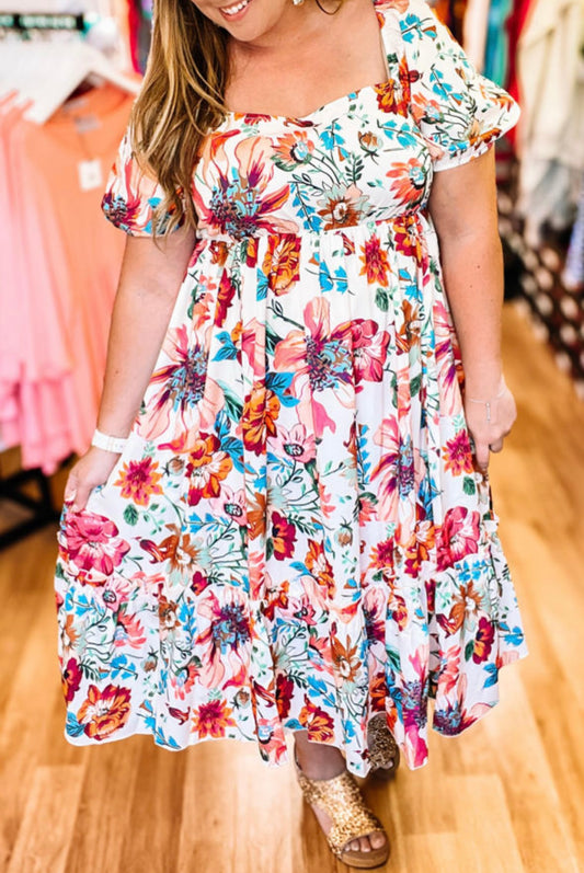 Floral Square Neck Flowy Midi Dress
