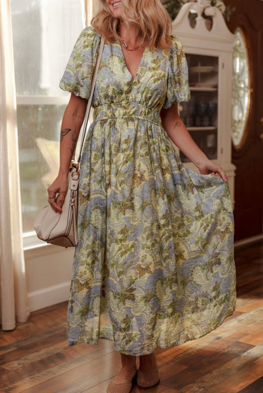 Vintage Floral V Neck Maxi Dress