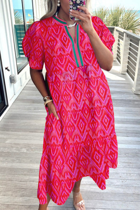Printed Split Neck Midi Dress