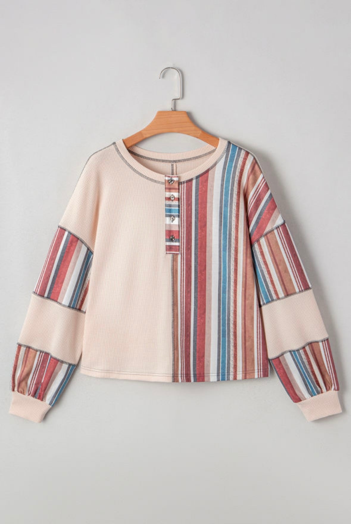 Striped Waffle Patchwork Raw Edge Knit Top