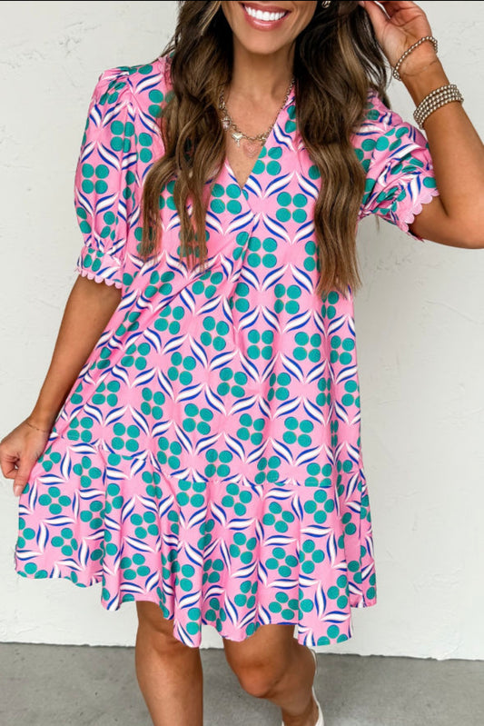 Geometric Floral V Neck RicRac Trim Mini Dress