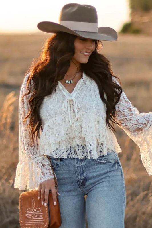 Lace Ruffle V Neck Long Sleeve Blouse