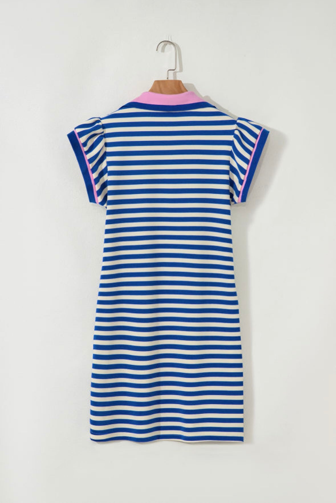 Stripe Contrast Collar Split Neck Flutter Sleeve Dress