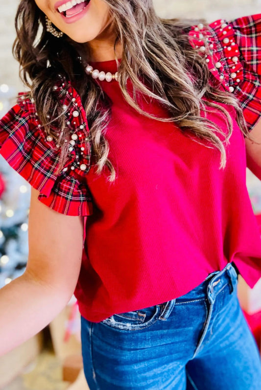 Plaid Pearl Ruffle Sleeve Top