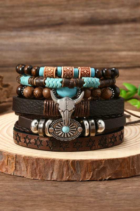 Western Bull Skull Beaded Bracelet 6 Piece Set