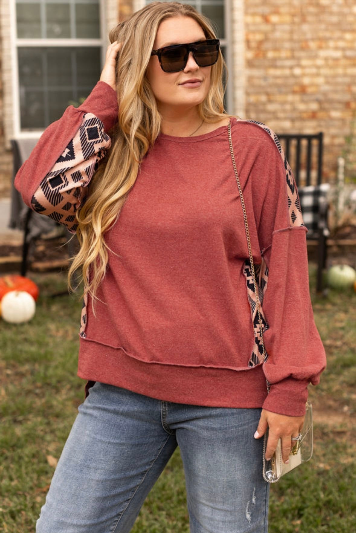 Aztec Patchwork Drop Shoulder High Low Sweatshirt