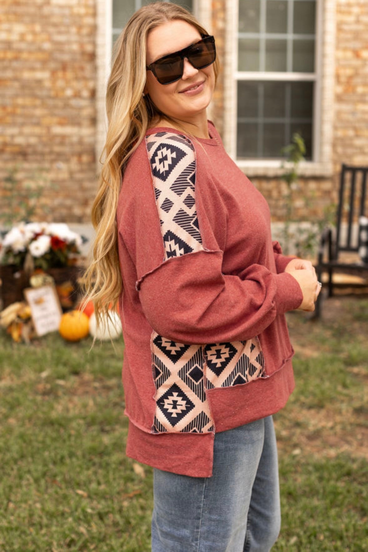 Aztec Patchwork Drop Shoulder High Low Sweatshirt