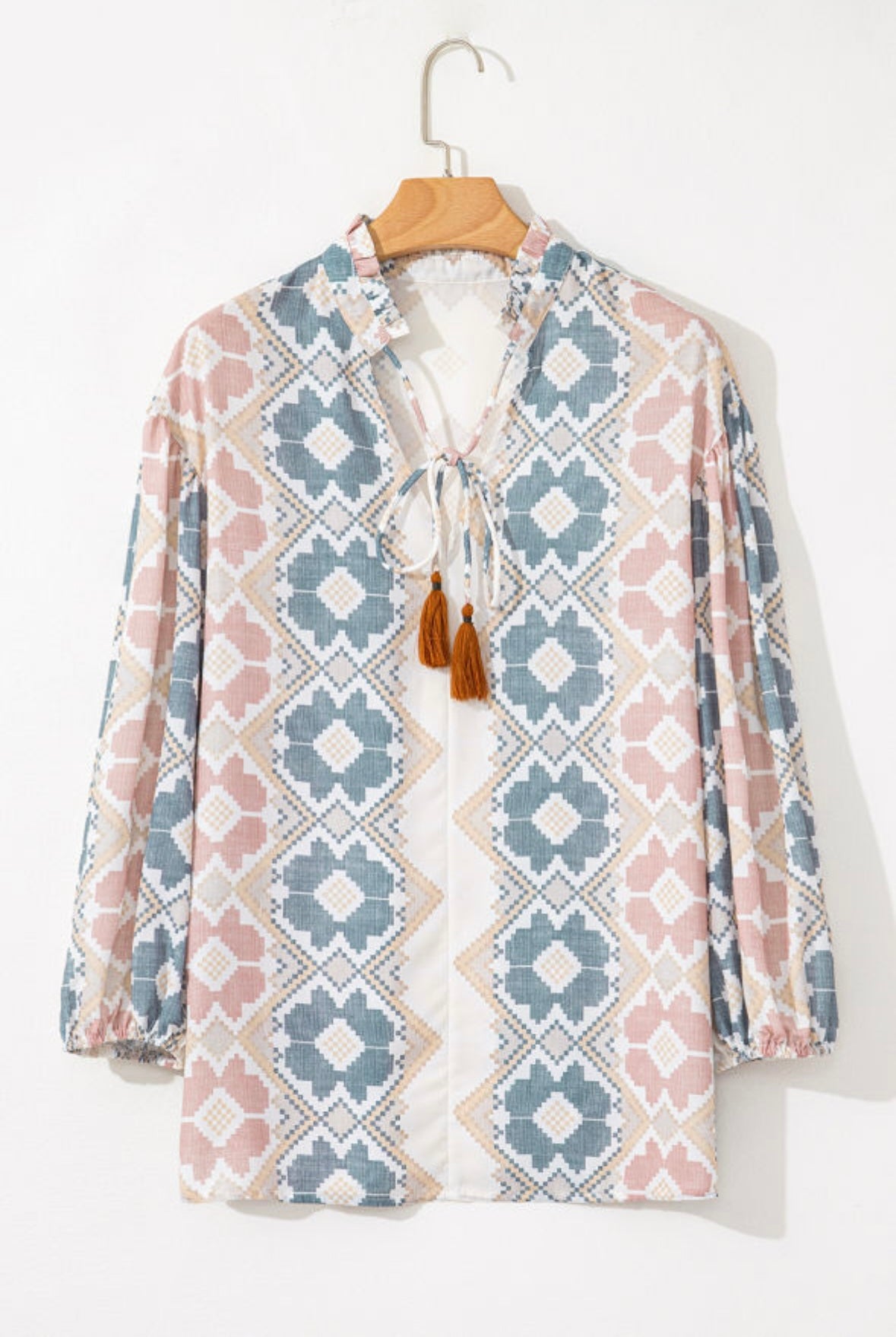 Geometric Print Tassel Tie Split Neck Balloon Sleeve Blouse