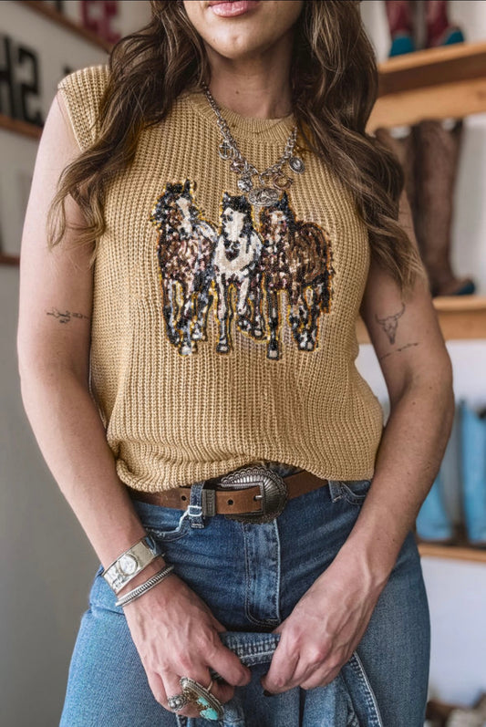 Sequin Horse Graphic Lightweight Knitted Sweater Vest