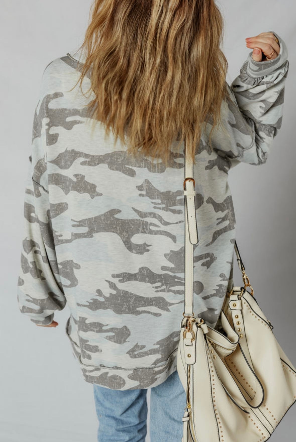 Retro Camouflage Exposed Seam Drop Shoulder Sweatshirt