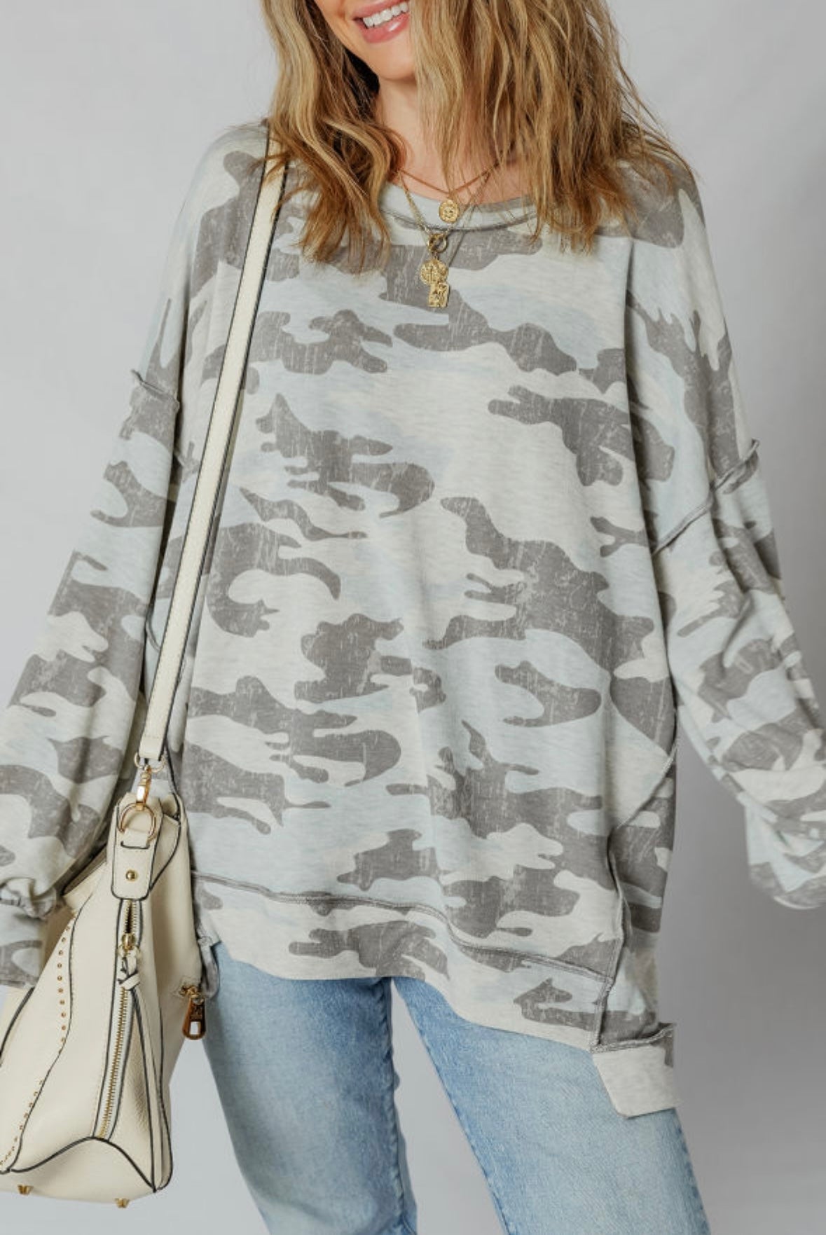 Retro Camouflage Exposed Seam Drop Shoulder Sweatshirt