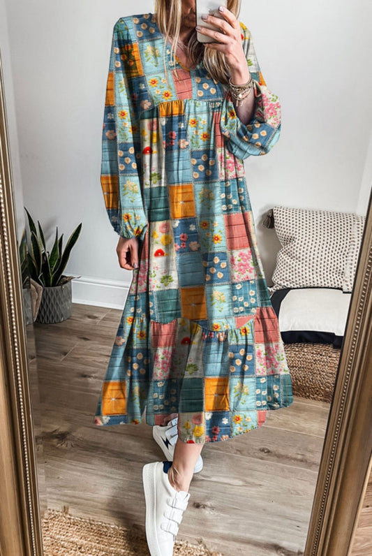 Mix Floral Patchwork Bubble Sleeve Ruffle Hem Dress