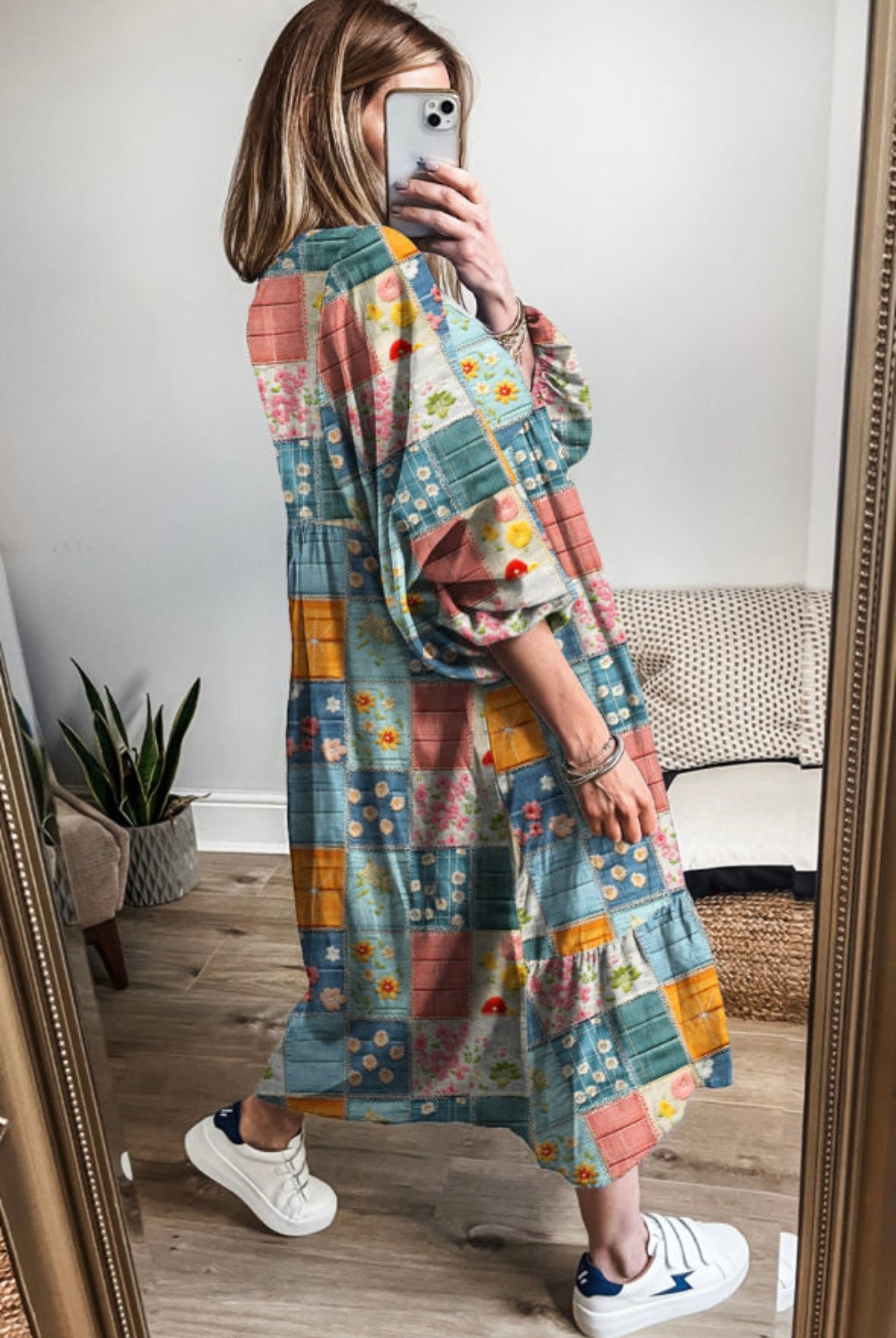 Mix Floral Patchwork Bubble Sleeve Ruffle Hem Dress