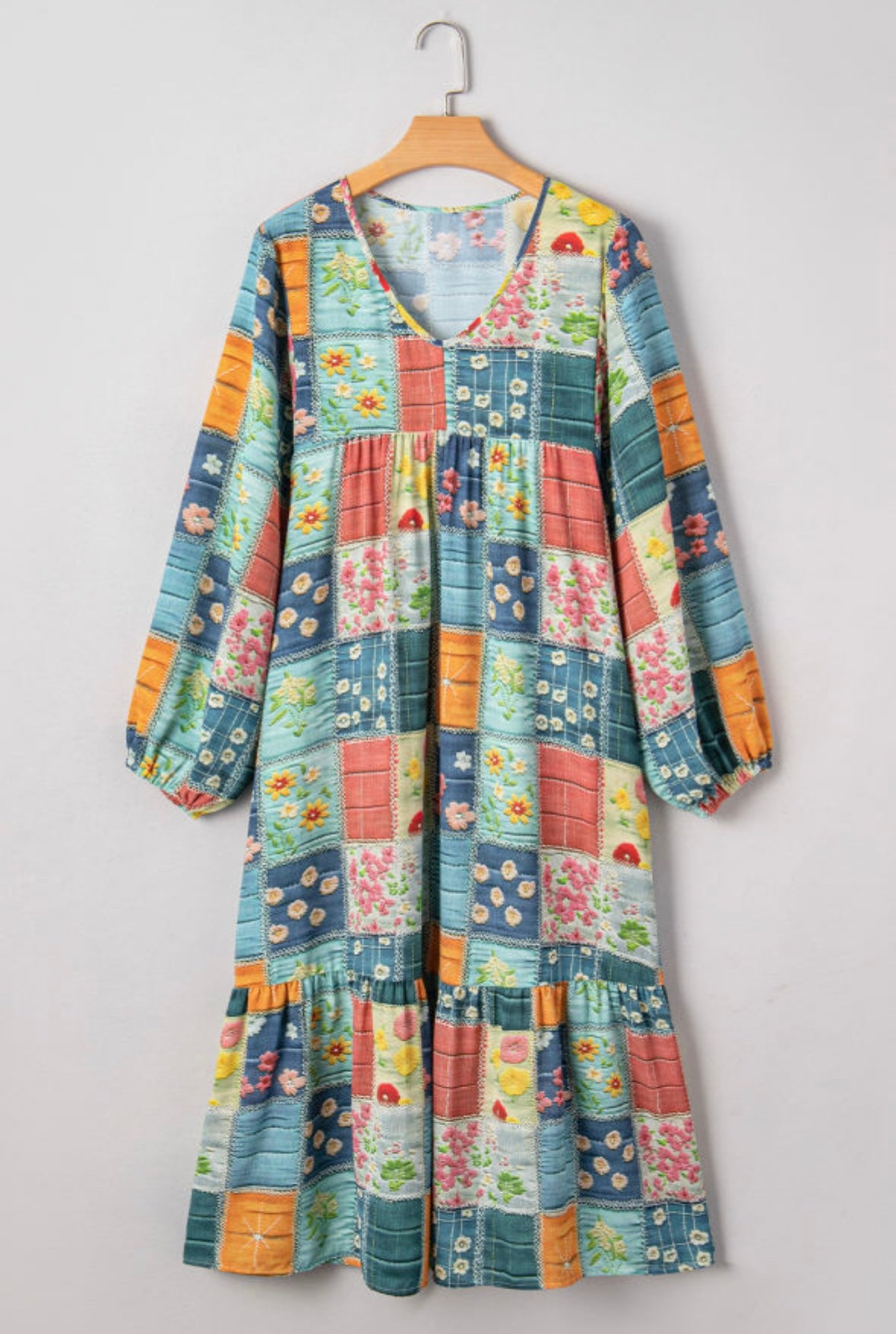 Mix Floral Patchwork Bubble Sleeve Ruffle Hem Dress